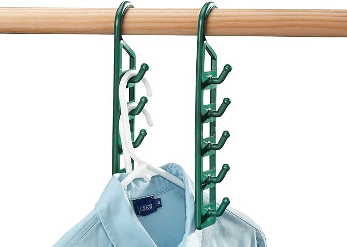 Space Saving Closet Hanger Holders – Set of 4 Durable Green Plastic Organizers with 5 Vertical Hooks Each – Maximize Wardrobe Space for Clothes, Belts, Scarves & Accessories by Miles Kimball