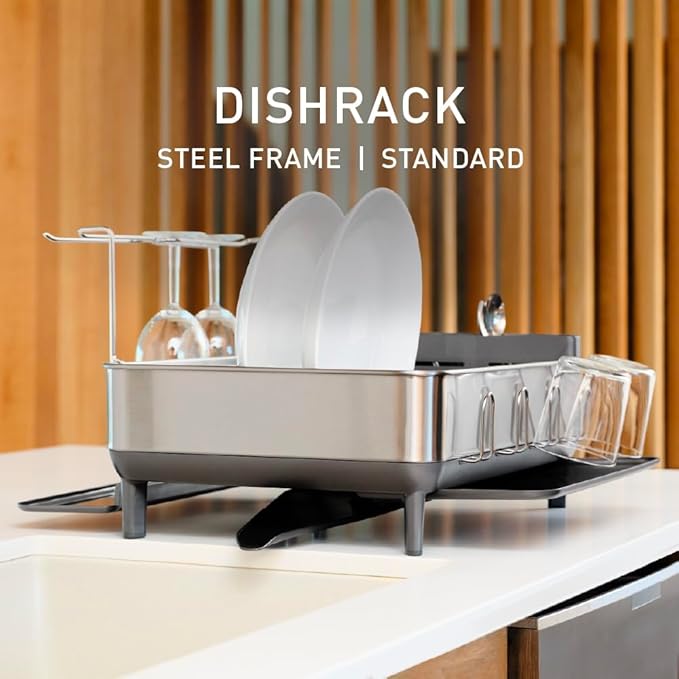 simplehuman Large Capacity Dish Drying Rack with Stainless Steel Frame, 360º Easy Drain Swivel Spout, Utensil & Wine Glass Holder, Anti-Residue Coating, Moisture Control Surface, Grey