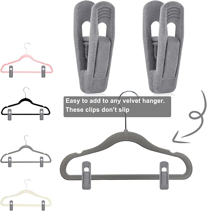 Grey Velvet Hangers Clips (80-Pack), Non-Slip Strong Velvet Hangers Clips for Velvet Skirt Hangers, Velvet Pants Hanger Velvet Clips Fit for Thin Velvet Clothes Suit Hangers