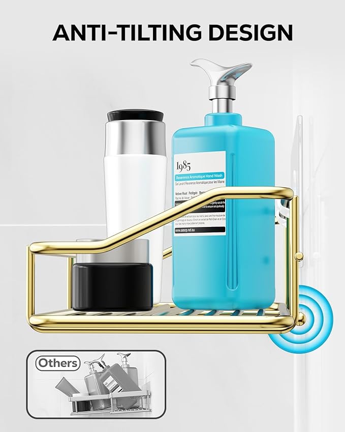 Nieifi Shower Caddy Shelf Storage Rack Adhesive Without Drilling Stainless Steel with Hooks for Washroom, Lavatory, Restroom, Toilet, Bathroom, Kitchen - 2 Pack, Golden
