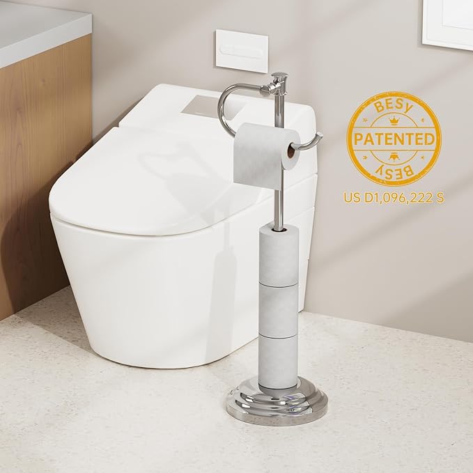 BESy Toilet Paper Holder Free Standing Bathroom Toilet Tissue Holder Stand for Floor Toilet Paper Roll Holder with Storage Hardware Accessories Rack Hand Towel Bar Polished Chrome Stainless Steel