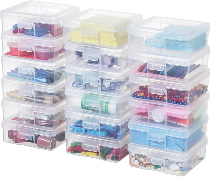 novelinks Plastic Clear Storage Containers for Organizing, Craft Storage Organizers and Stackable Storage Bins with Lids for Pencil Box, Bead, Cookie Cutter, Board Game (18 Pack Small)