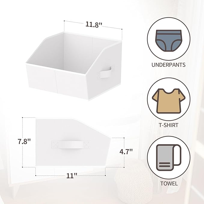 Storage Bins for Shelves - Small Trapezoid Closet Shelf Organizer, Fabric Organization Bins with Handles, Storage Baskets for Clothes, Towel, Purse, 6 Pack, White