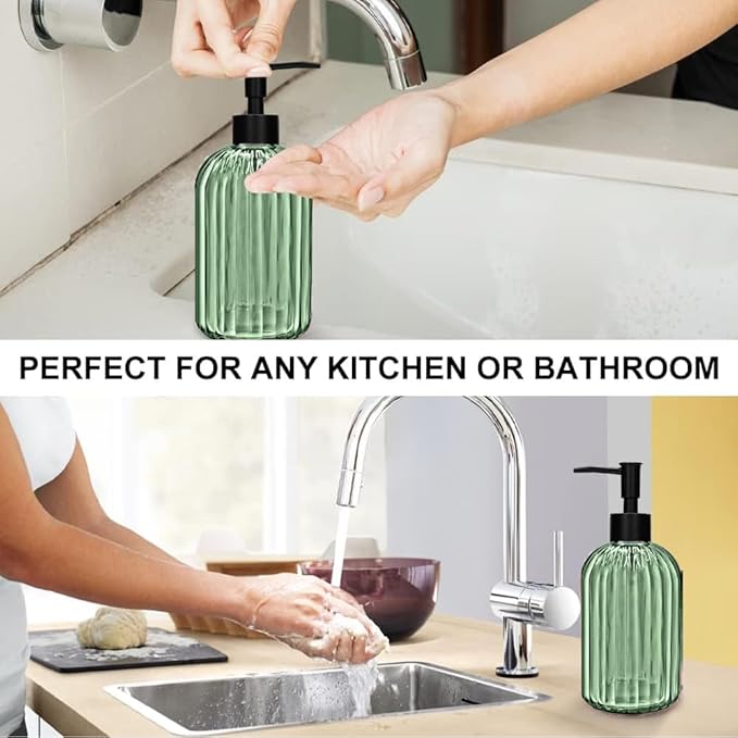 2 Pack 14oz Glass Soap Dispenser with Black Pump – Refillable for Hand Soap, Dish Soap, Lotion, Suited for Kitchen, Bathroom & Laundry Room(Olive Green)