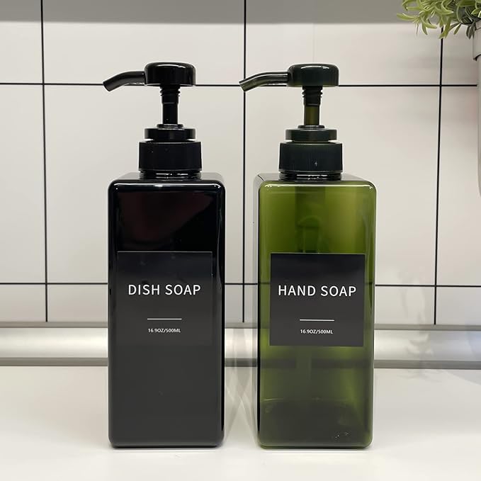 Green Soap Dispenser with Waterproof Labels, Thickened Plastic Hand Soap Dispenser for Bathroom, Kitchen Dish Washing Liquid Bottles, Shampoo and Conditioner Bottles with Funnel (16oz 2Pack Green)