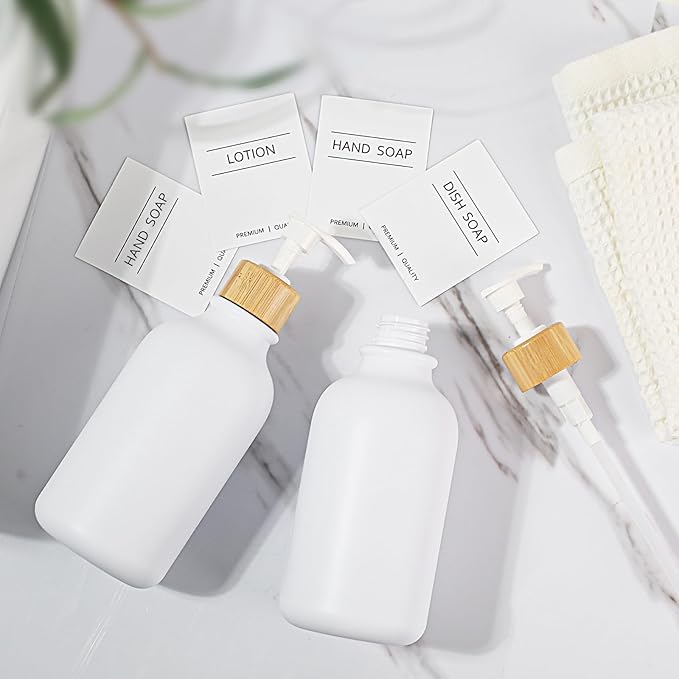 White Soap Dispenser, 2 Pack Plastic Bathroom Hand Soap and Lotion Dispenser Set with Bamboo Pump, 17 Fl Oz Hand and Dish Soap Dispensers Set for Kitchen, Refillable Liquid Soap Bottles