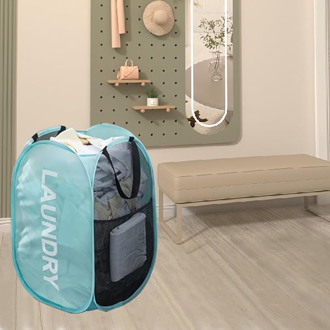 Larpur Pop Up Laundry Baskets, 2 Pack Mesh Laundry Hampers Collapsible Clothes Hampers for Home, Dorm, Travel (Black + Blue)