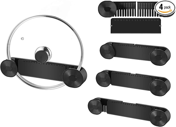 New Upgrade 4 Pack Adjustable Pot Lid Holder, Lid Organizer Fits 6" to 14" Lids, with Screw Hole Position and Sticky Wall Mounted Lid Storage Kitchen Cabinets, Cabinet Doors (Black)