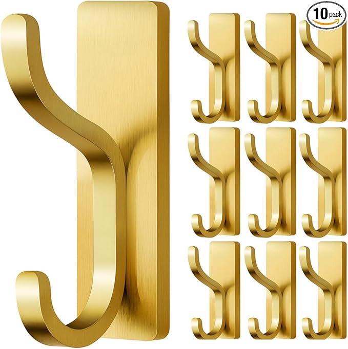 niffgaff Wall Hooks for Coat and Towel: 13lb Adhesive Door Hanger Stick On, Sticky Hook for Wall, Closet, Bathroom - Stainless Steel, Brushed Gold, 10 Pack