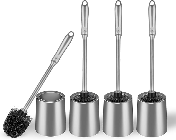 Toilet Brush and Holder 4 Pack with Long Handle - Non-Slip Grip Toilet Bowl Brush Set for Deep Cleaning Bathroom, Toilet Scrubber- Gray