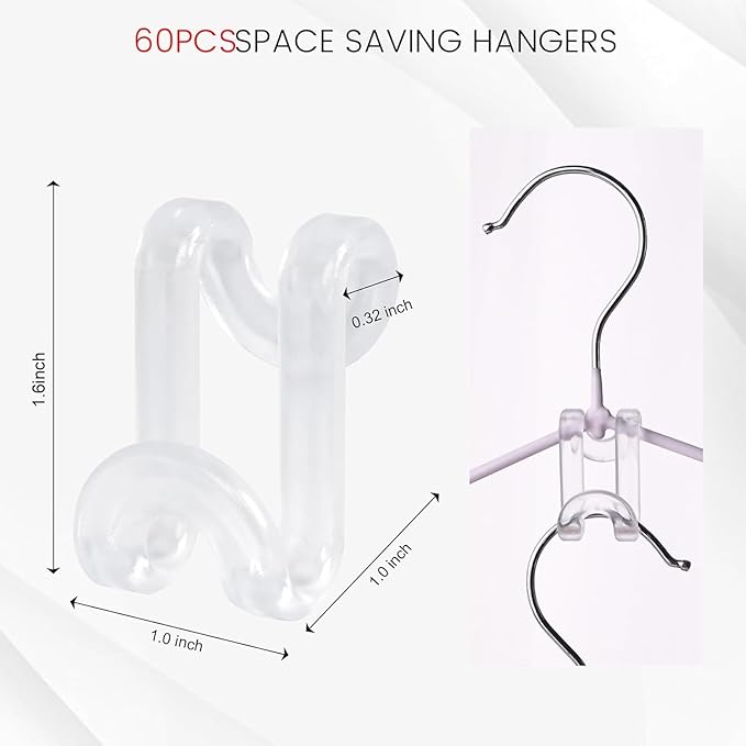 Hanger Hooks Space Saving, 60PCS Clothes Hanger Connector Hooks Closet Space Savers for Hanging Clothes, Clear