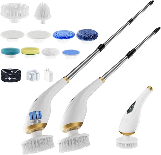 Hofenta Electric Spin Scrubber with 10 Replaceable Brush Heads, Extendable Handle Up to 59", 2 Speed Modes, Waterproof, Cordless Cleaning Brush, 2H Cleaning Time,Perfect for Home, Bathroom,Kitchen