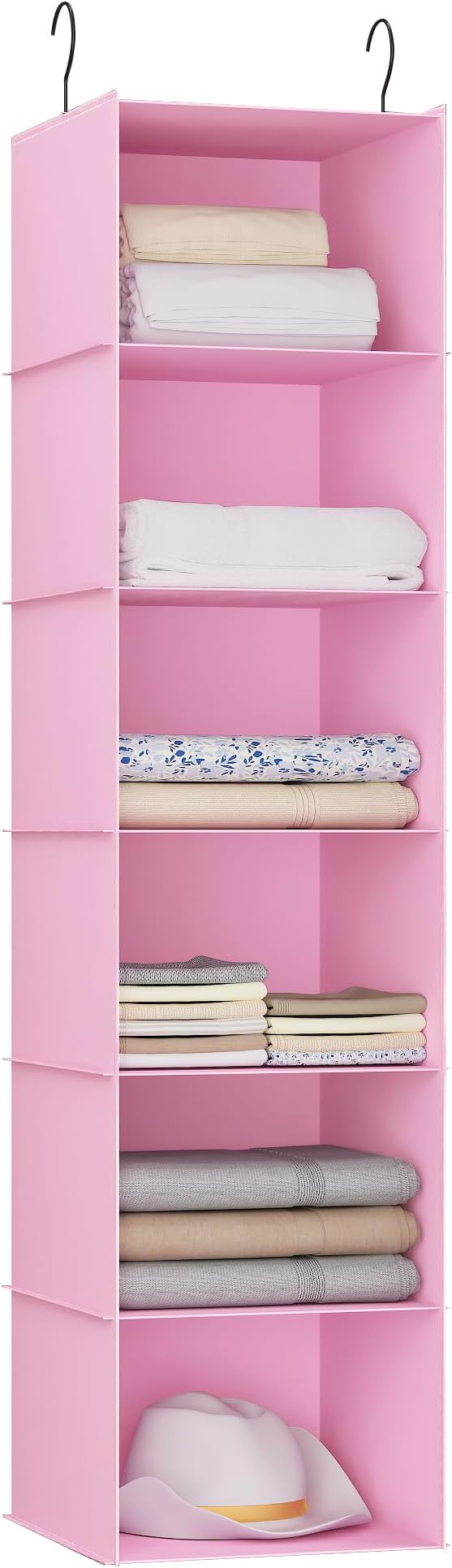 Hanging Closet Organizer, Easy Mount Foldable 6-Shelf Hanging Closet Wardrobe Storage Shelves, Clothes Handbag Shoes Accessories Storage, Washable Oxford Cloth Fabric, Pink