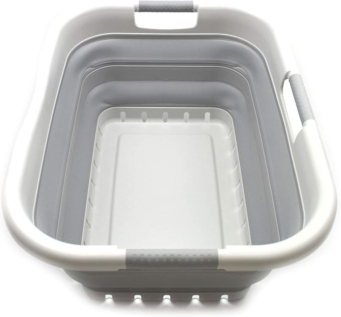 SAMMART 41L (10.8 gallon) Collapsible Plastic Laundry Basket - Foldable Pop Up Storage Container/Organizer - Portable Washing Tub - Space Saving Hamper/Basket (3 handled rectangular, Grey/Grey)