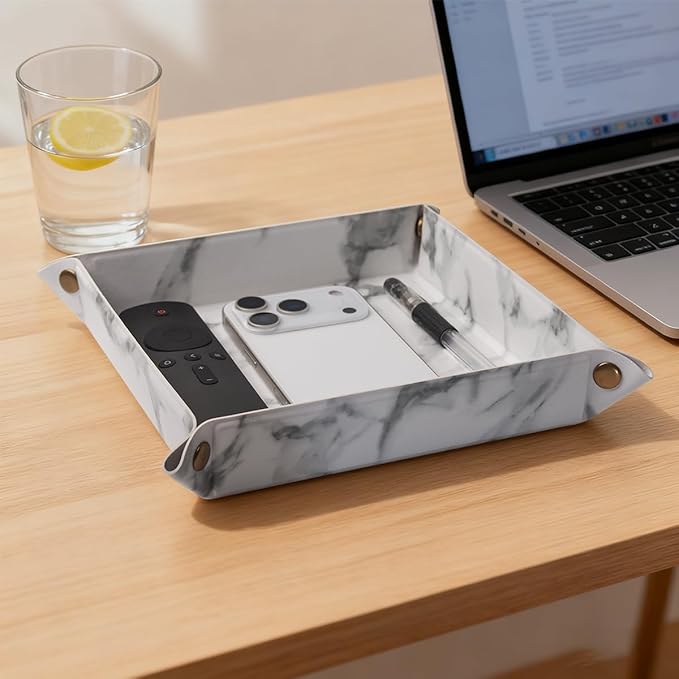 WAYIFON Valet Tray Desktop Storage Organizer – Premium PU Leather Catchall Bedside Vanity Tray Nightstand Caddy Holder for Remote Controller, Keys, Phone, Wallet, Coin, Jewelry,Marble White
