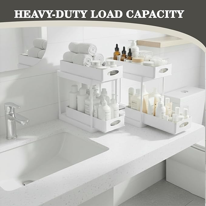 2 Pack Under Sink Organizer, Pull-Out Cabinet Storage Organizers for Bathroom & Kitchen, Multi-Purpose Under Counter Shelf Rack for Cleaning Supplies, Bottles & Toiletries, Cabinet Organizer (White)