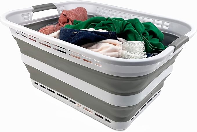 SAMMART 42L (11 Gallons) Collapsible Plastic Laundry Basket - Foldable Pop Up Storage Container/Organizer - Portable Washing Tub - Space Saving Hamper/Basket [BPA Free] (White/Grey)