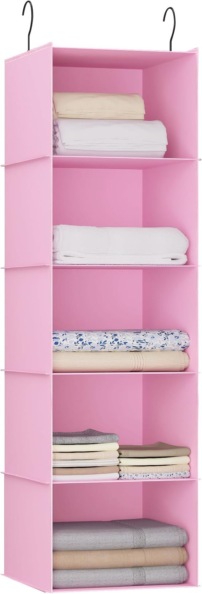Hanging Closet Organizer, Easy Mount Foldable 5-Shelf Hanging Closet Wardrobe Storage Shelves, Clothes Handbag Shoes Accessories Storage, Washable Oxford Cloth Fabric, Pink