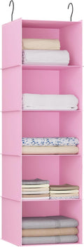 Hanging Closet Organizer, Easy Mount Foldable 5-Shelf Hanging Closet Wardrobe Storage Shelves, Clothes Handbag Shoes Accessories Storage, Washable Oxford Cloth Fabric, Pink