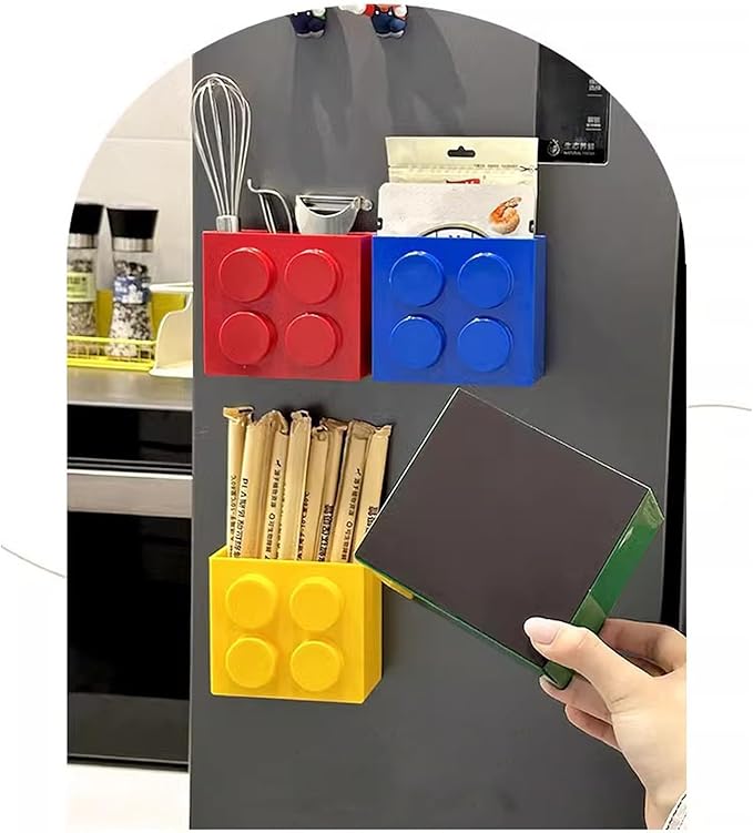 Magnetic Basket Organizer for Fridge - Lego-Style ABS Plastic Storage Box,No Drill Design for Kitchen Counter, Microwave & Whiteboard, Holds Up to 3.5 lbs (Blue)