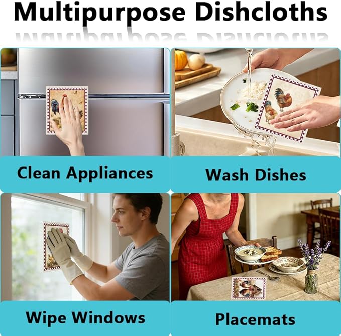 6Pcs 6 Styles Swedish Dish Cloths for Kitchen Reusable Quick Drying Sponge 7.7 x 6.8 Inch Rooster Chicken Dish Cloths Biodegradable Absorbent Towels for Home Office Countertop Tableware Use