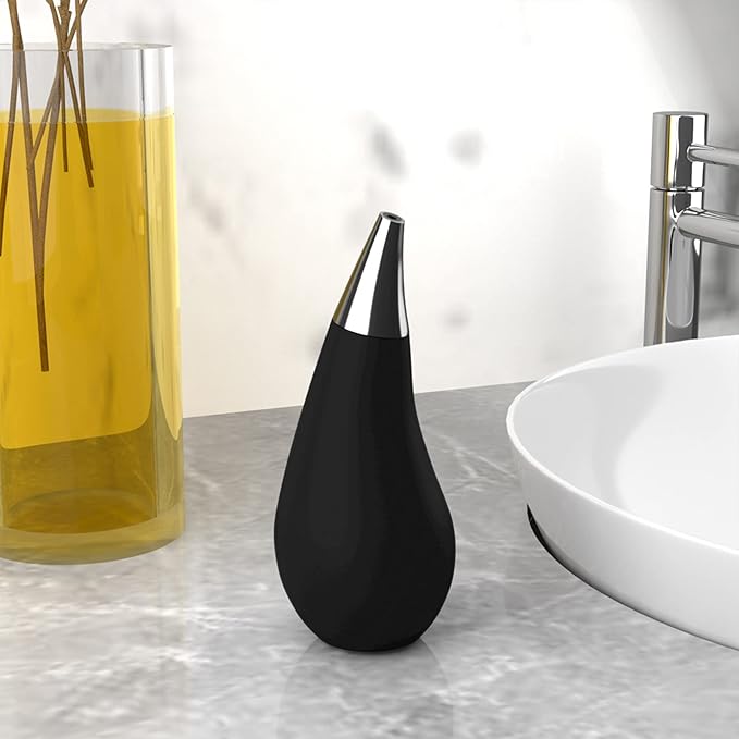 Kitchen Bathroom Counter top Squeezable Soap Dispensers Tear Drop Shape Bottle (Black, ~7oz)