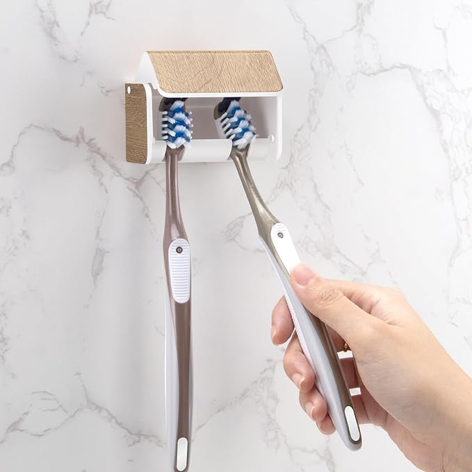 Toothbrush Holders Wall Mounted with Cover, Electric Tooth Brushing Holder for Bathroom, 2 Slots Self Adhesive Toothbrush Organizer, Toothbrush Stand for Family, Kids (1, Wood Grain)