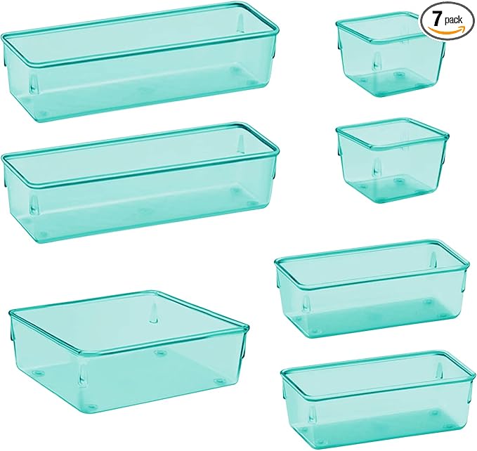 Acrimet Drawer Organizer Modular, Box Tray Storage Bins for Office, Home, Makeup, Kitchen, Junk Drawer (7 Units - 4 Sizes) (Clear Green Plastic)