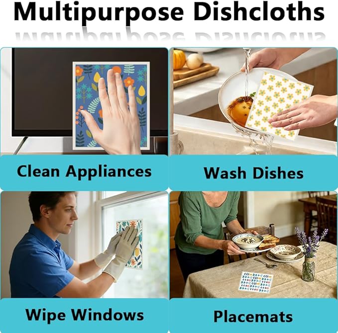 6Pcs 6 Styles Swedish Dish Cloth Floral Quick Drying Sponge 7.7 x 6.8 Inch for Kitchen Countertop Cleaning, Swedish Dishcloths Reusable Absorbent Decorative Towels for Dishes Tableware Use