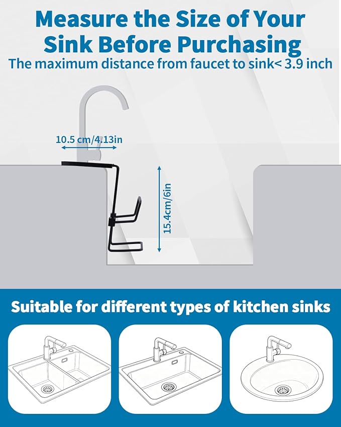 Sink Sponge Holder - Metal Kitchen Sink Faucet Organizer for Sponges, Brushes and Cleaning Tools, Faucet Sponge Holder Hanging Fix Around Faucet (Black)