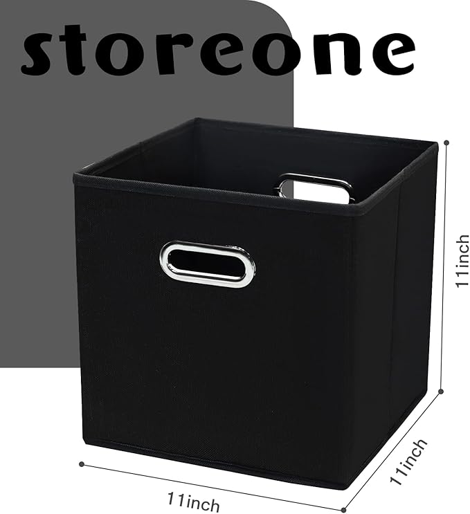 STOREONE Fabric Storage Bins Cubes Baskets Containers-(11X11X11) with Dual Handles Cube Storage Organizer Bins for Shelf Closet, Bedroom Organizers, Foldable Set of 6 (Black )