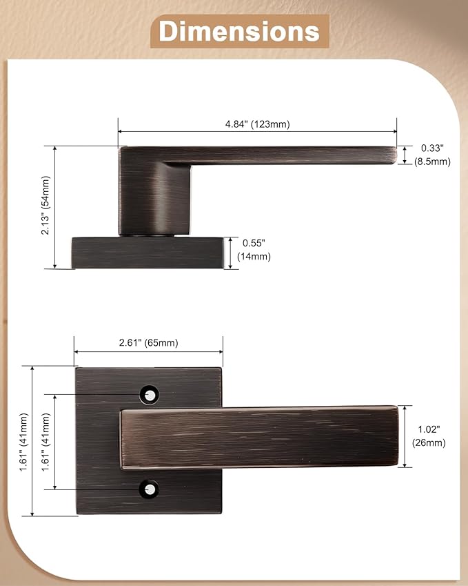 Probrico Heavy Duty Dummy Levers Exposed Screws Square Door Handles(Single Side) for Interior Use with Oil Rubbed Bronze Finish for Both Right/Left Handing, 4 Pack