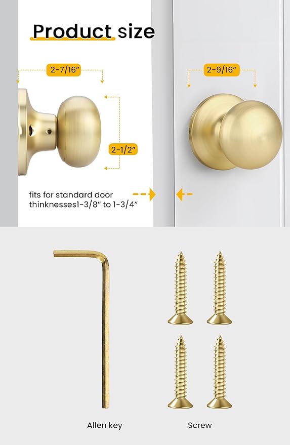Goldenwarm Gold Closet Door Knobs, Handle Function Non-Locking Dummy Door Knob, Brushed Gold Individual Dummy Door Knob Single Side for Closets, French Double Doors, and Pantry(2 Pieces)