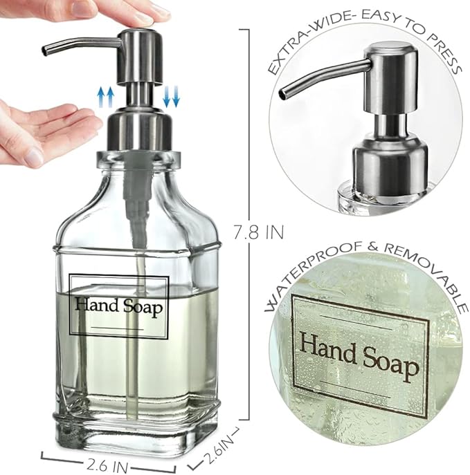 JASAI Antique Design Soap Dispenser with Rust Proof 304 Stainless Steel Pump, Refillable Glass Soap Dispenser with 10Pcs Clear Stickers, Premium Kitchen & Bathroom Soap Dispenser
