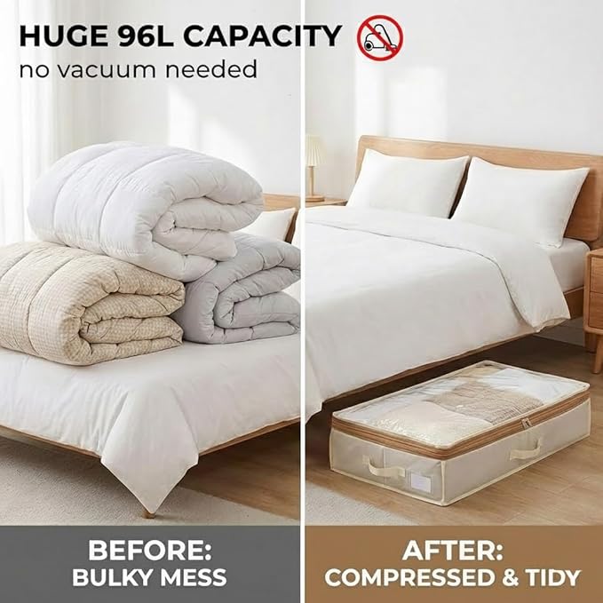 2-Pack Expandable Under Bed Storage Containers with Sturdy Bottom Board, 96L Vacuum-Free Compression Space Saving Organizer, Height Adjusts from 11.4" to 6.7", Premium Oxford Fabric, Ivory