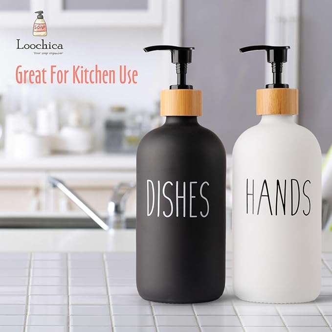 2 Pack Glass Soap Dispenser Set, Hand and Dish Glass Soap Dispensers for Kitchen Sink, Kitchen Soap Dispenser Set Suitable for Black and White Kitchen Décor