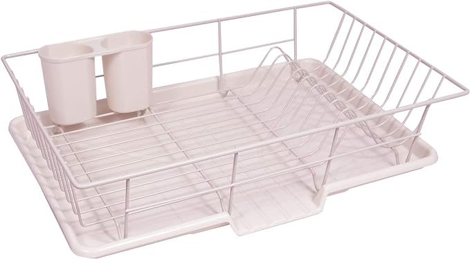 Space-Saving 3-Piece Dish Drainer Rack Set: Efficient Kitchen Organizer for Quick Drying and Storage - Includes Cutlery Holder and Drainboard - Maximize Countertop Space, Pale Pink