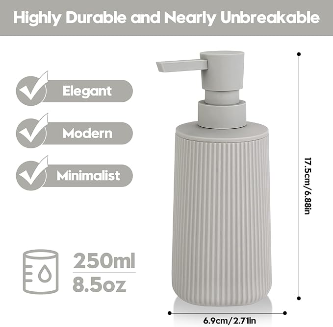 Small Soap Dispenser for Bathroom and Kitchen, Modern Farmhouse Striped Style Plastic Hand Soap Dish Soap Dispenser with Pump Matte Beige