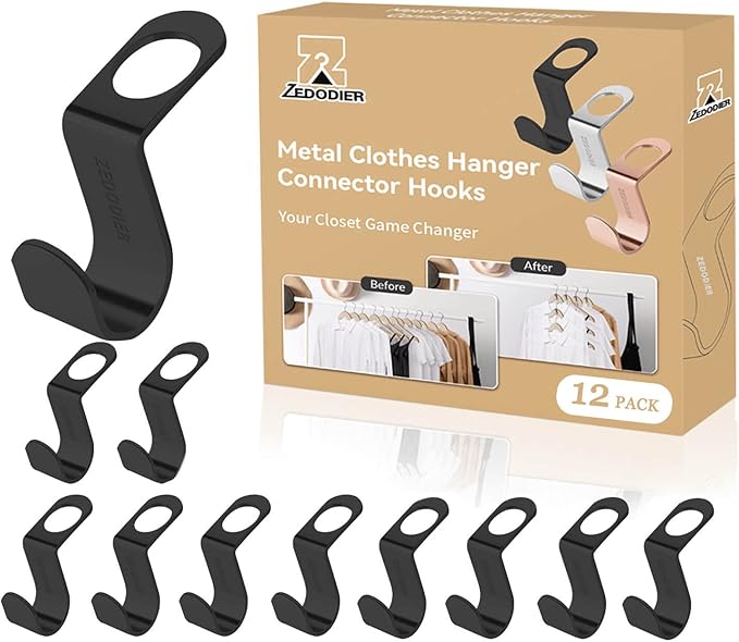 ZEDODIER Metal Clothes Hanger Connector Hooks, 12 Pack Super Sturdy Hanger Extender Hooks, Efficient Closet Space Saver, Easy to Use, Suitable for Heavy Clothing, Fits All Types of Hangers, Black