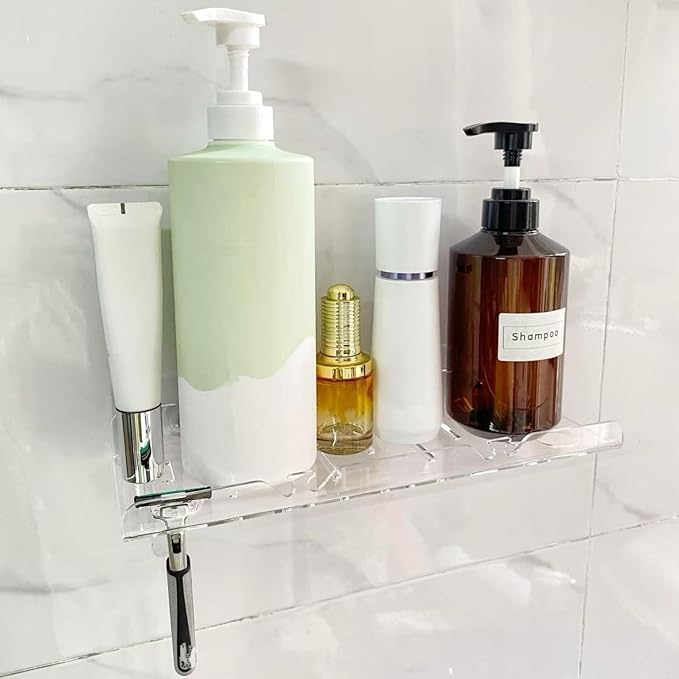NUTNAPH Acrylic Floating Shelves, 2 Pack, 12 inch, Adhesive Bathroom Shelves, Rental Friendly Wall Shelf No Drill Shelf, Wall Organizer for Perfume, Cosmetics, Skincare, Home Decor