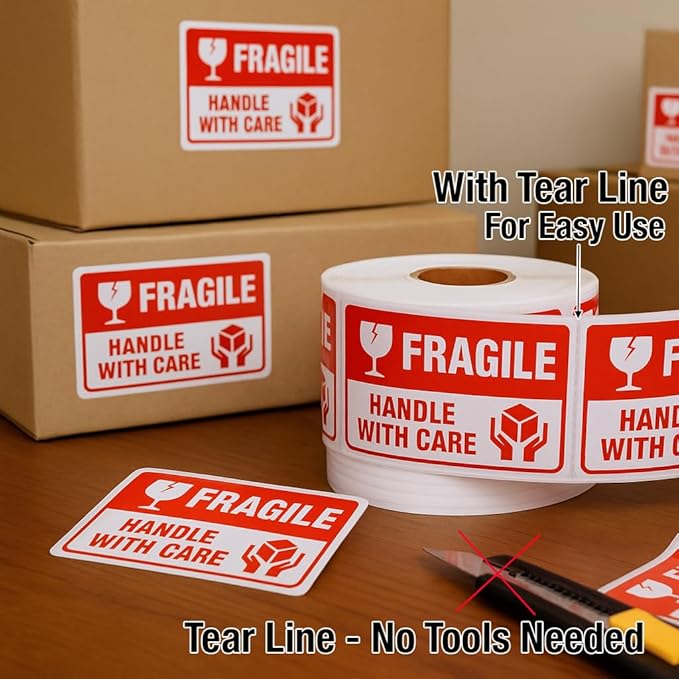 Fragile Stickers 3 x 2 Inch – Waterproof Handle with Care Labels for Shipping and Moving - 500 Strong Adhesive Stickers per Roll