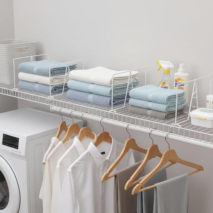 Wire Shelf Dividers - White Closet Organization & Storage Organizer - No Tool Shelf Divider for Wire Shelves - Metal Shelf Accessories – for 12“ Deep Wire Shelves – Tall 7” Height – 8 Pack