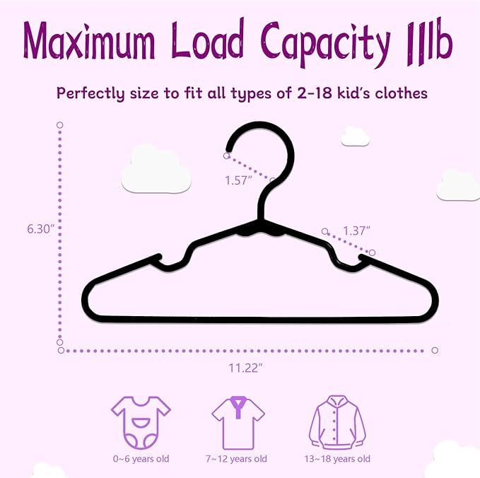 Baby Hangers for Closet 60 Pack Black Plastic Kids Children's Clothes Hangers Non-Slip (Black, 60)