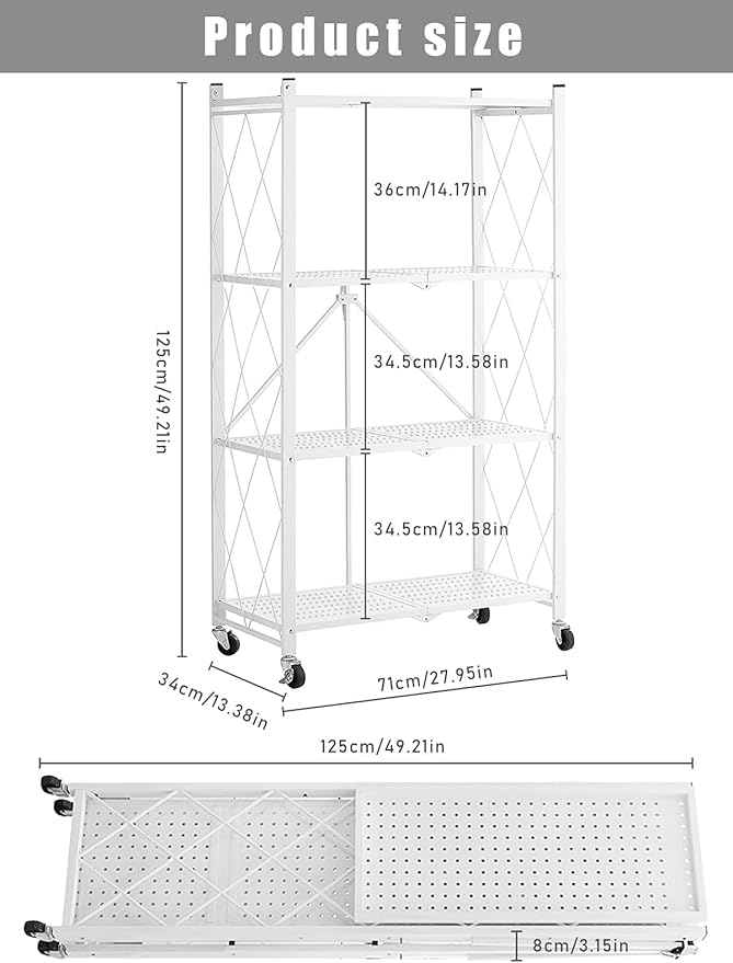 Lanstics 4 Tier Foldable Folding Shelves Heavy Duty Storage Shelving with Wheels Metal Shelf Standing Shelves Units for Home Kitchen Living Room