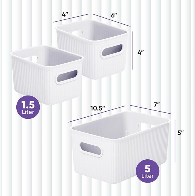 Decorative Plastic Basket Open Home Storage Bins Organizer, White (Set of 3) 1 Medium, 2 Small - Container Boxes for Organizing Closet Storage Bins for Shelves Drawer Shelf - Ribbed Collection