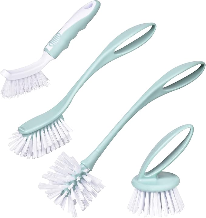 Dish Brush with Handle, Kitchen Dish Scrub Brush Set, 4-Piece Kitchen Cleaning Brush Set for Pots and Bottles, Nordic Green