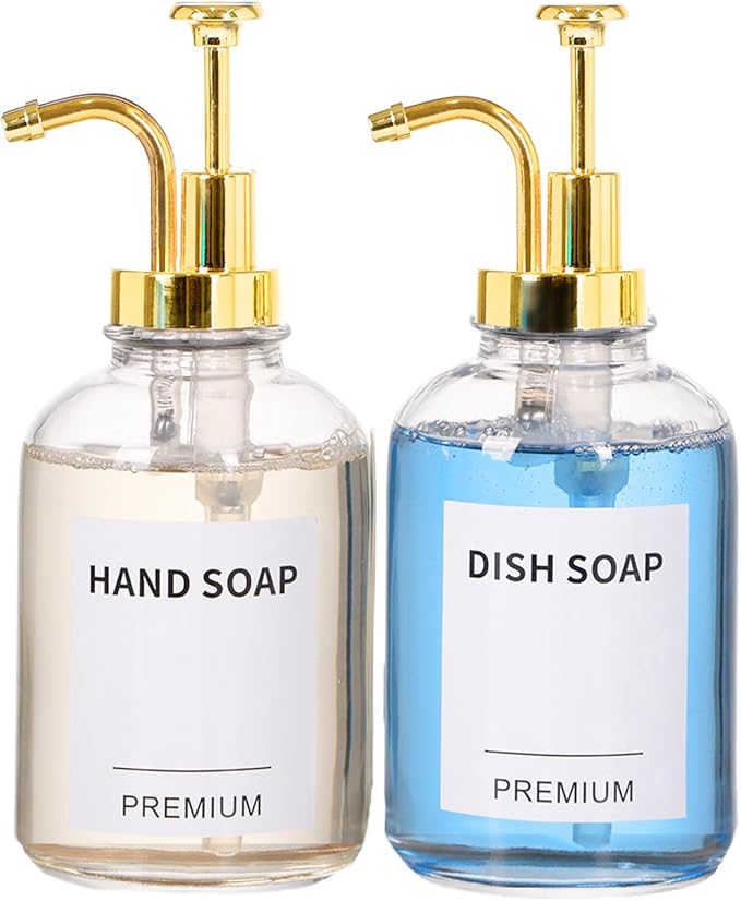 12oz Dish Soap Dispenser for Kitchen, Hand Glass Soap Dispenser Set with Pump, Tray, Funnel for Bathroom, Shower, Laundry, Liquid, Lotion (Gold 2 Pack Clear Bottles with 12 Stickers)