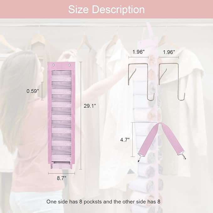 Legging Organizer Storage, 2PCS T Shirt Organizer, Foldable Hanging Closet Organizer Storage with 16 Roll Independent Compartments for Yoga Pants, Tank Top, Towel, Underwear (Pink)