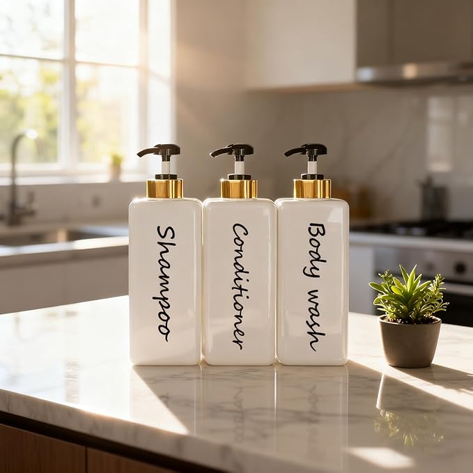 21oz Shampoo and Conditioner Dispenser (Set of 3) Modern Refillable Shampoo Pump Bottles for Shower Soap - Empty Shampoo Conditioner Body Wash Dispenser Set - Stylish Permanent Labels - for Bathroom