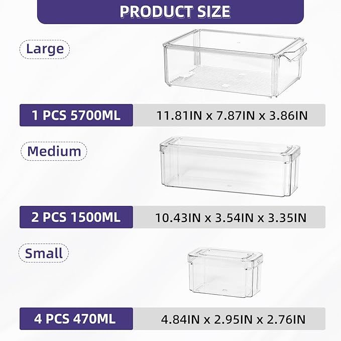 7 Pack Stackable Fridge Organizer Bins with Lids KitchenClear Acrylic Kitchen Refrigerator Organizers and Storage, Dripping Hole Design to Keep Food Fruit Vegetable Fresh for Freezer, Pantry